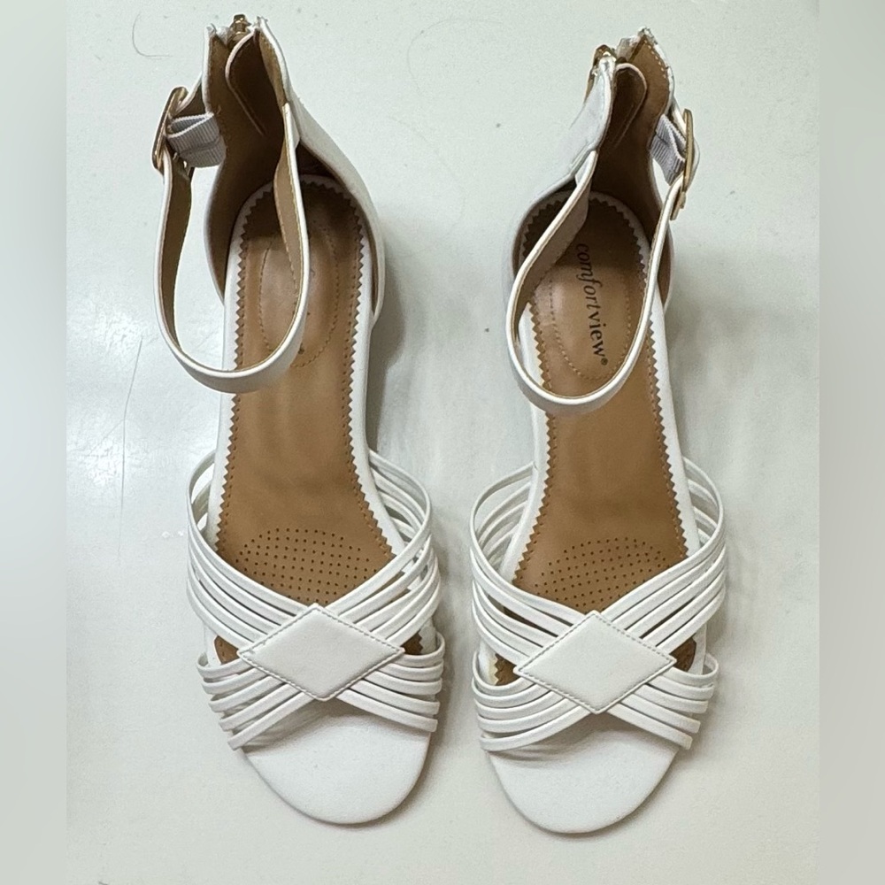 COPY - Strappy white low wedge sandals. Back gold zipper closure. Size: 9